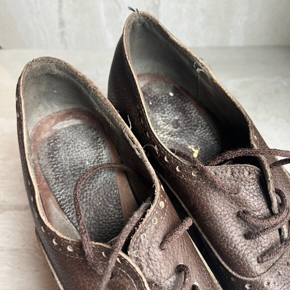 ** Vintage 90s Y2K Leather Lace up Chunky Wooden Clog Heels Size 6 - Picture 7 of 12